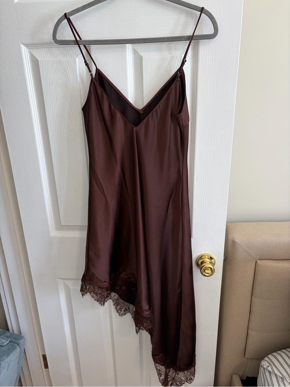 Zara Brown Asymmetrical Slip Dress with Lace Trim - Picture 3 of 5